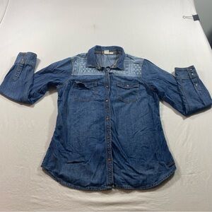 Roxy Denim Shirt Geometric Trim metal  Snap Button long sleeve women large